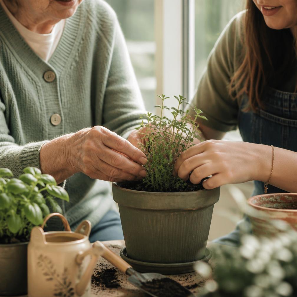 Hands planting herbs together on a windowsill